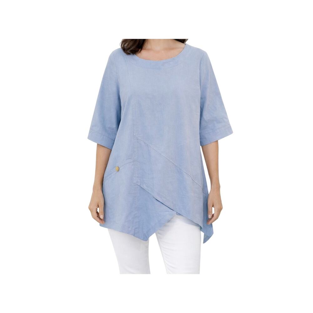 Noracora Top Womens Size XXL Blue Cotton Tunic Asymmetrical Hem Casual Boho NWT